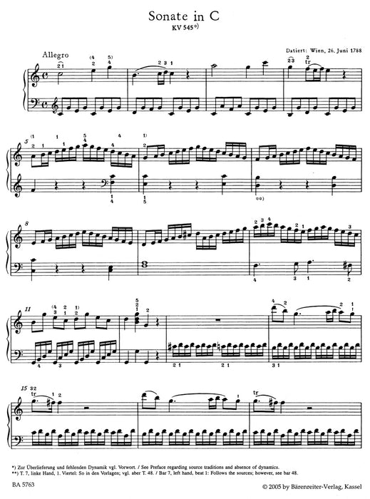 Sonate in C "facile" fur Klavier KV545　* mit fingersaetzen