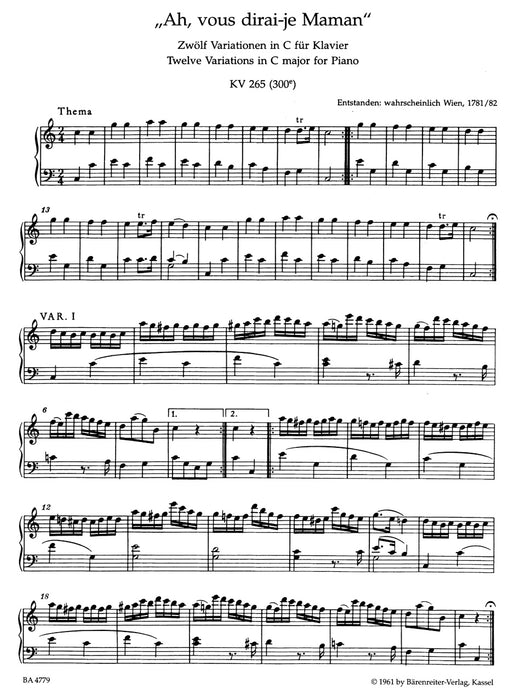 Ah, vous dirai-je Maman Twelve Variations in C major for Piano KV265(300e)