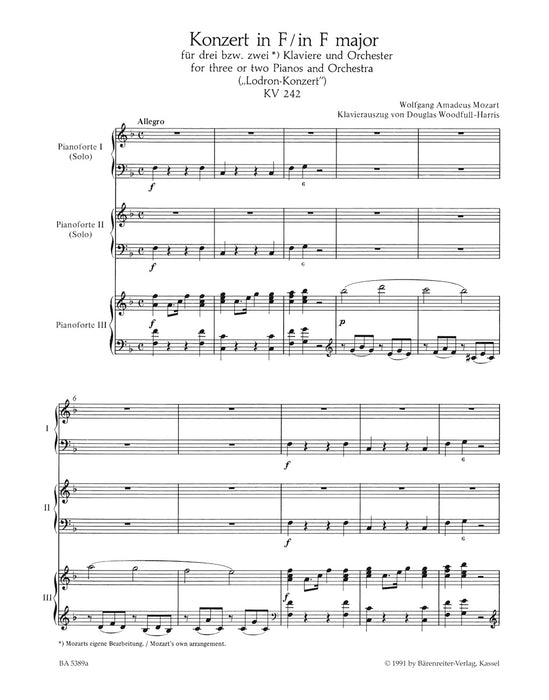 Konzert Nr.7 in F fur drei bzw. zwei Klaviere und Orchester KV242 "Lodron-Konzert"