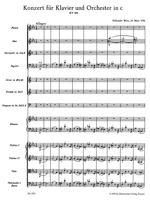 Concerto in C minor for Piano and Orchestra No.24 KV491(Score)
