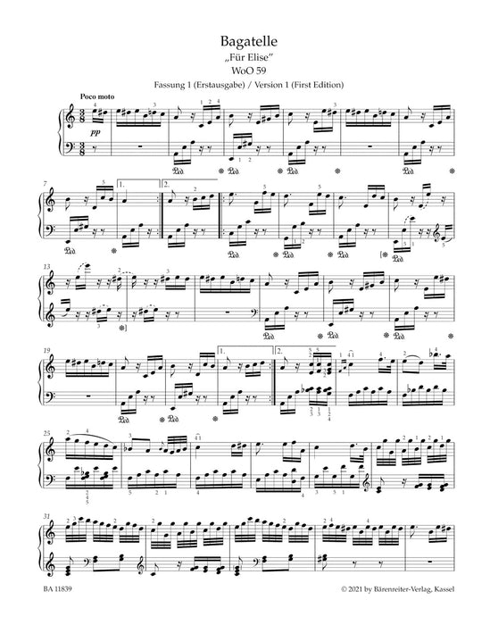 Bagatelle for Piano in A minor WoO 59 "Fur Elise"