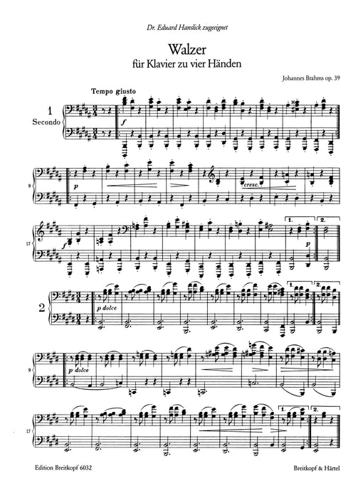 Walzer Op.39 fur Klavier zu vier Handen
